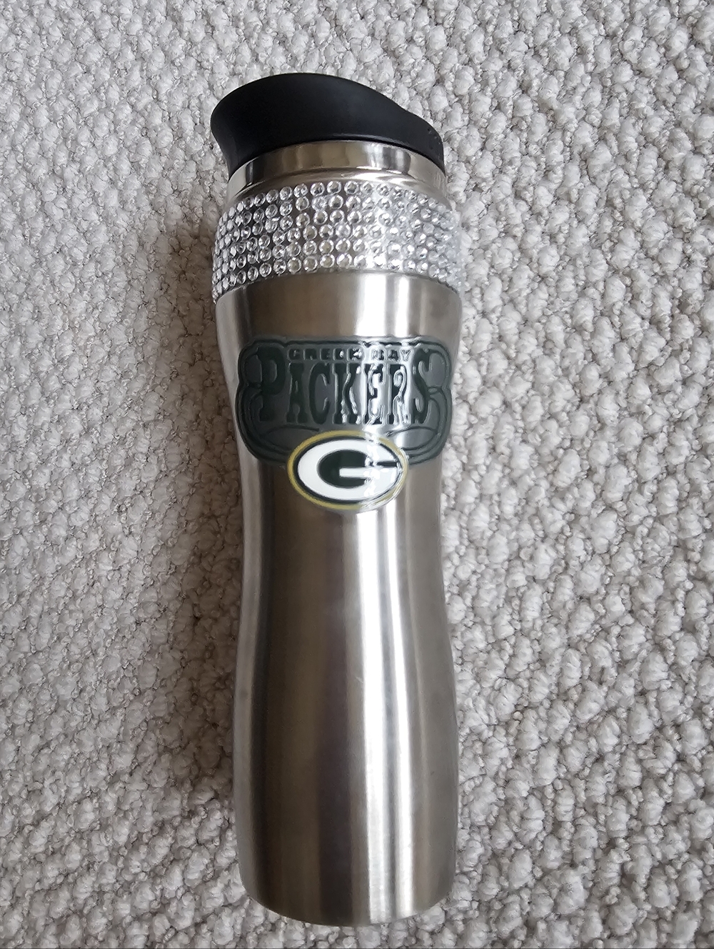 Green Bay Packers Stainless Steel Bling Crystal Travel Coffee Mug 12 Oz